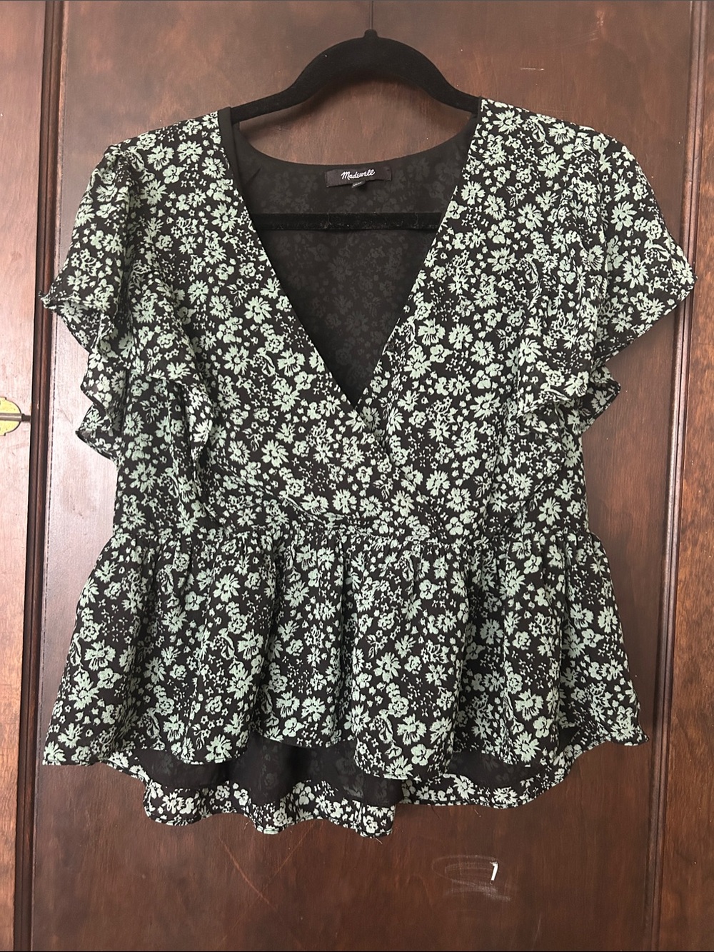 Madewell Black and Mint Floral V-Neck Ruffle Peplum Blouse